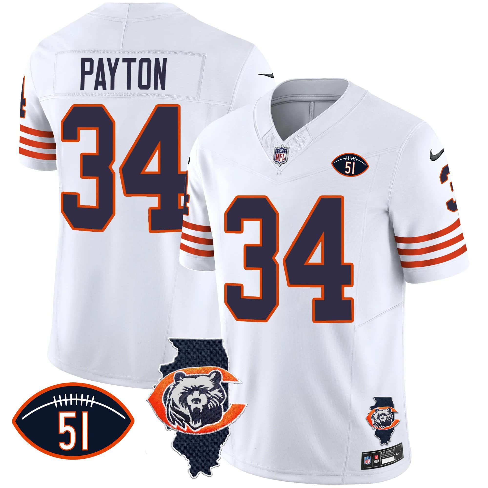 Men Chicago Bears #34 Payton White 2024 Nike Throwback Illinois Patch Vapor NFL Jersey